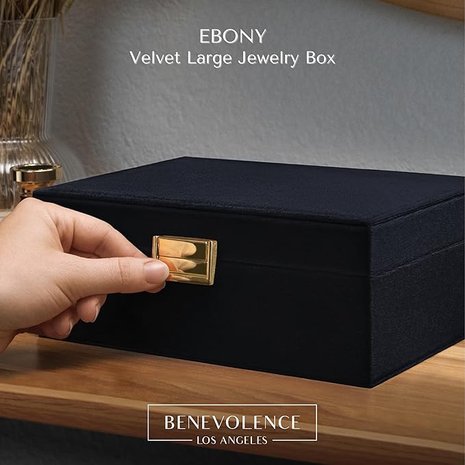 Benevolence LA 2 Layer Jewelry Box for Women, Large Velvet Jewelry Organizer with Decorative Lock, Removable Jewelry Tray, Earrings, Bracelets, Rings and Necklace Storage Box - Ebony