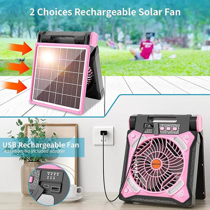 Solar Fan Battery Powered Rechargeable Solar Camping Fan with Led Lantern & Power Bank Foldable Angle USB Personal Fans for Travel Outdoor Camping Tents X98 Pink