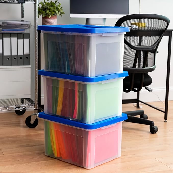 IRIS USA File Box, Plastic File Organizer Box With Lids, Letter/Legal File, Important Document Box, Portable Storage Filing Bin, Stackable Nestable, Clear/Blue 35 Qt. 3 Pack