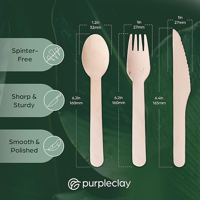 PURPLECLAY Wooden Disposable Cutlery Set, 360 PCS (120 Forks, 120 Spoons, 120 Knives) – Eco-Friendly Compostable Biodegradable Wooden Utensils, Plastic-Free Party Cutlery Set