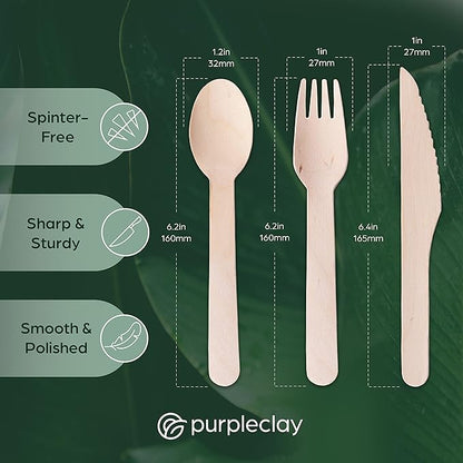 PURPLECLAY Wooden Disposable Cutlery Set, 360 PCS (120 Forks, 120 Spoons, 120 Knives) – Eco-Friendly Compostable Biodegradable Wooden Utensils, Plastic-Free Party Cutlery Set