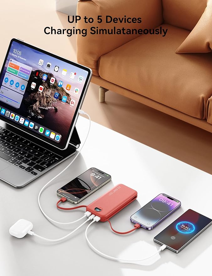 12000mAh Ultra-Portable-Charger-Power-Bank with Built in Cables&AC Wall Plug,PD20W USB-C Fast Charging Cell Phone Charger Battery Pack,LED Display Travel Battery Bank for All iPhone,Samsung,Android
