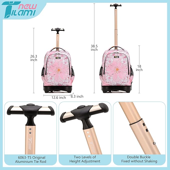 NEW TILAMI 18 Inch Rolling Backpack with Wheels for Girls Boys Kids Laptop Backpack School Travel, Pink Flowers