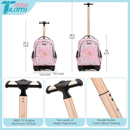 NEW TILAMI 18 Inch Rolling Backpack with Wheels for Girls Boys Kids Laptop Backpack School Travel, Pink Flowers