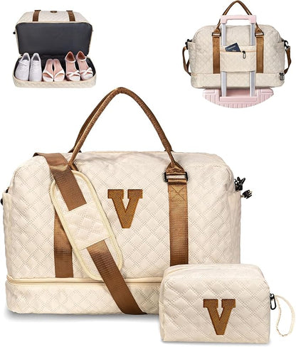 Birthday Gifts for Women-Initial Duffle Bag with Shoe Compartment, Personalized Weekender Bag, Monogram Overnight Bag, Letter Travel Bag with Makeup Bag，Preppy Gifts for Girl (Letter V)