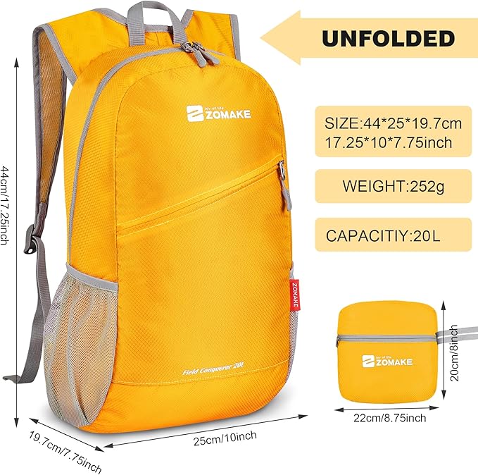 ZOMAKE Lightweight Packable Backpack 20L - Foldable Backpack Small Daypack Hiking Backpack Water-Resistant Day Bag for Travel(Yellow)