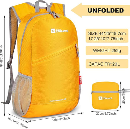 ZOMAKE Lightweight Packable Backpack 20L - Foldable Backpack Small Daypack Hiking Backpack Water-Resistant Day Bag for Travel(Yellow)