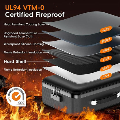 Fireproof Document Box with Lock, Waterproof Hard Shell File Organizer with Accordion Folder, Portable Fireproof File Safe Box for Home Office Storage of Documents, Laptop, Cash & Passports