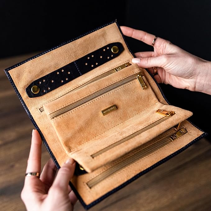 Time Resistance Leather Jewelry Roll - Full Grain Leather Travel Jewelry Case - Jewellery Organizer Made in Italy (Blue)