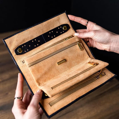 Time Resistance Leather Jewelry Roll - Full Grain Leather Travel Jewelry Case - Jewellery Organizer Made in Italy (Blue)