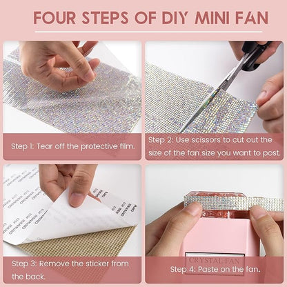 LIGHTDESIRE DIY Bling Crystal Rhinestones Handheld Fan, Mini Personal Cooler, Cooling Small Fans Rechargeable 3 Speeds Mode with Crystal Rhinestones Sticker Sheet(Pink Fan with DIY Diamon)- V1