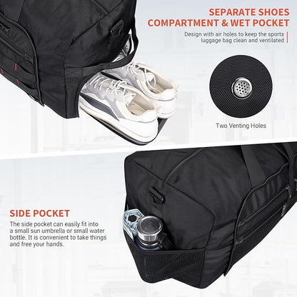 WITZMAN Foldable Duffle Bag for Travel 65L Lightweight Packable Duffel Bag with Shoes Compartment Overnight Bag for Men Women (B697 Black)