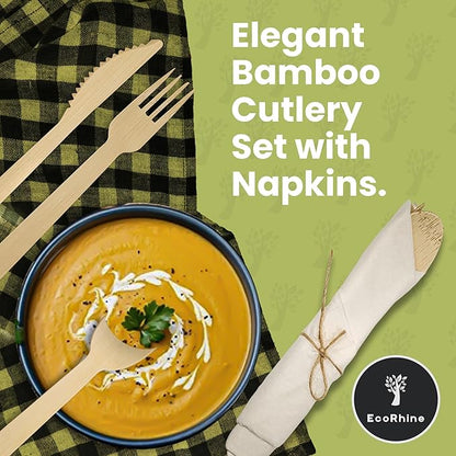 Bamboo Cutlery Set 200 PCS | 50 Packs of Pre Rolled Utensils with Napkins | Eco Friendly Disposable Cutlery for Weddings, Parties, Camping & Events | Each Pack Includes Fork, Knife & Spoon