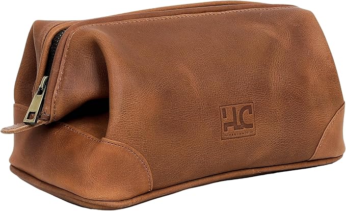 HLC Leather Toiletry Bag for Men Best Gift Premium Genuine Leather Dopp Kit Shaving Kit Organizer Travel Kit Pouch Bag for Men Large Size (TAN)