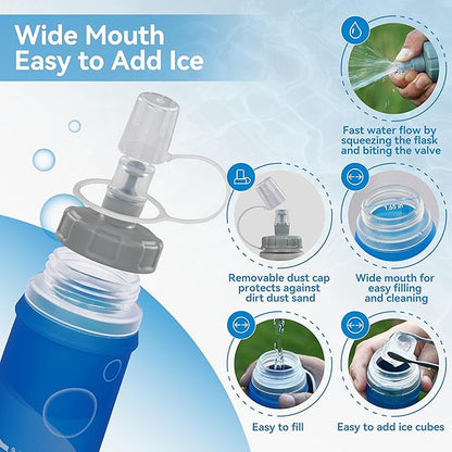 MARCHWAY Soft Hydration Flask with Wide Mouth, 300ml/500ml Collapsible TPU Water Bottle, Leakproof Portable Flexible for Running, Hiking, Cycling, Climbing, Gym, Travel (2pcs Dark Blue 500ml)