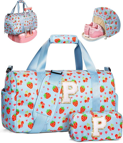 Initial Duffel Bag for Kids, Cute Dance Bag with Shoe Compartment, Girly Gifts for 6 7 8 9 10 11 12 13 Year Old Girls, Wet Separation Waterproof Sports Overnight Travel Bag, Teen Girl Gifts