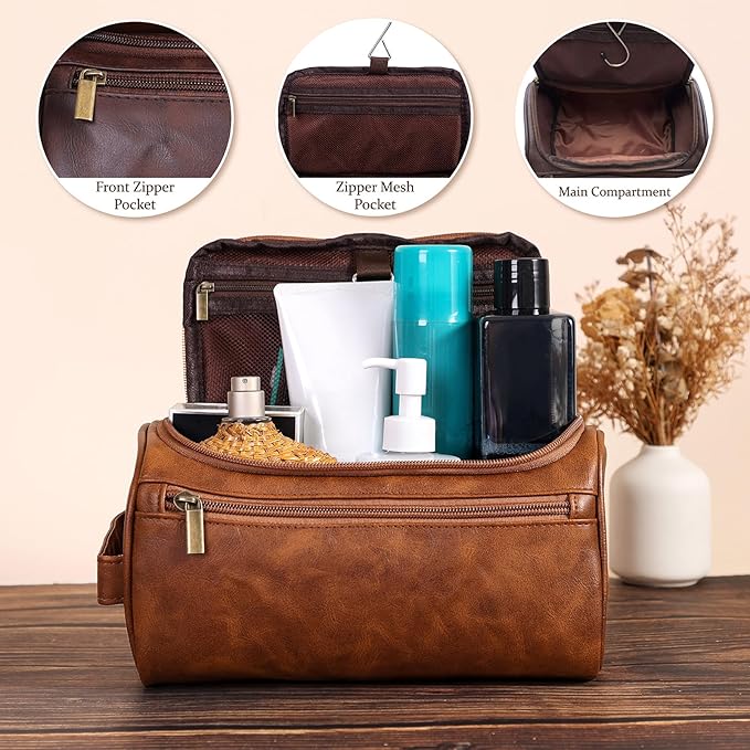Toiletry Bag for Men, Hanging Travel Shaving Dopp Kit for Men and Women, Water-resistant Toiletries Organizer Bags, PU Leather Cosmetic Bags for Makeup Accessories (Dark Coffee)