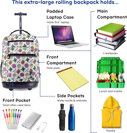J World Sundance Laptop Rolling Backpack for Girls Boys. Roller Bookbag with Wheels, Proud