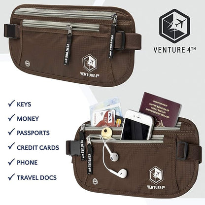 VENTURE 4TH Travel Money Belt - Slim Passport Holder RFID Blocking Travel Pouch to Protect Cash, Credit Cards and Travel Documents (Brown)