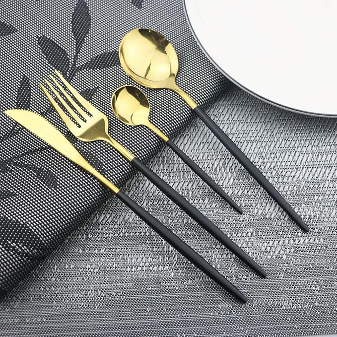 Black Gold Silverware Set, JASHII 30-Piece Stainless Steel Satin Finish Flatware Set, Kitchen Utensil Set, Mirror Polished Tableware Cutlery Set for Home and Restaurant, Dishwasher Safe