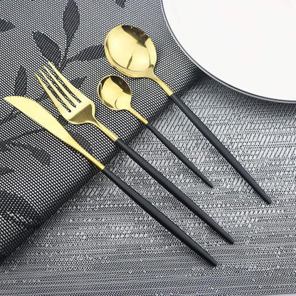 Black Gold Silverware Set, JASHII 30-Piece Stainless Steel Satin Finish Flatware Set, Kitchen Utensil Set, Mirror Polished Tableware Cutlery Set for Home and Restaurant, Dishwasher Safe