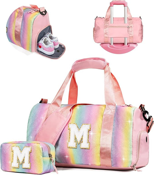 Gifts for 3 4 5 6 7 8 9 10 Year Old Girls-Girl Gym Bag with Shoe Compartment, Kid Personalized Weekender Dance Bags, Initial Travel Tote with Makeup Pouch, Gift Ideas for Kids (Letter M)
