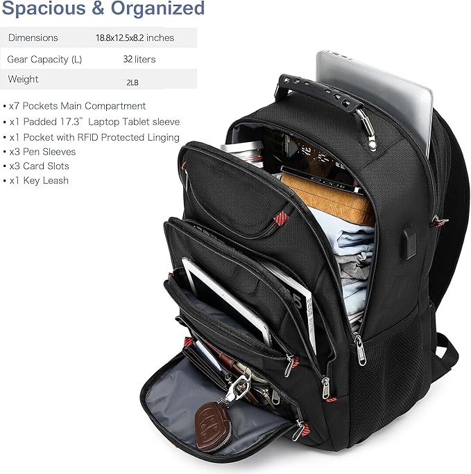 Boavan Laptop Backpack for men, 17.3 inch Laptop Bag with USB Port, Waterproof Travel Work Backpack Purse, Anti-Theft Teacher Nurse Doctor Casual Bookbags Office Business backpack ，Black