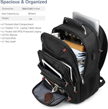 Boavan Laptop Backpack for men, 17.3 inch Laptop Bag with USB Port, Waterproof Travel Work Backpack Purse, Anti-Theft Teacher Nurse Doctor Casual Bookbags Office Business backpack ，Black