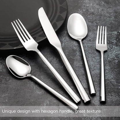 Silverware Set Flatware Set Stainless Steel Heavy Cutlery Set Hexagon Handle Mirror Finished 60 Pieces Service for 12