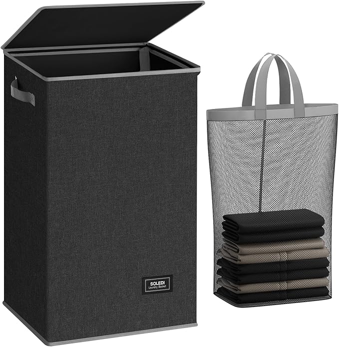 SOLEDI Laundry Hamper with Lid 90L Large & Tall Collapsible Laundry Basket, Clothes Hamper with Bag Removable Easy to Carry, Dirty Hampers for Bedroom, Bathroom, Dorm, College, Dark Grey