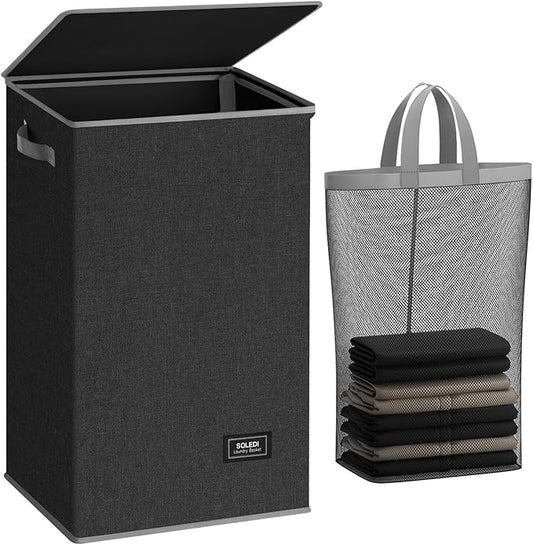 SOLEDI Laundry Hamper with Lid 90L Large & Tall Collapsible Laundry Basket, Clothes Hamper with Bag Removable Easy to Carry, Dirty Hampers for Bedroom, Bathroom, Dorm, College, Dark Grey