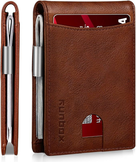 RUNBOX Money Clip Slim Wallets for Men RFID Blocking 11 Card Holder Minimalist Small Leather Bifold Men's Front Pocket Wallet Gift Box