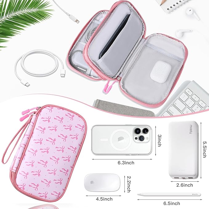 COSHAYSOO Travel Gifts for Women College Teen Girls Trip Favors Pink Birthday Gift Ideas, Electronics Cord Cable Organizer Bag Tech Pouch Case Gadgets Accessories Cruise Airplane Essentials, Bowknot