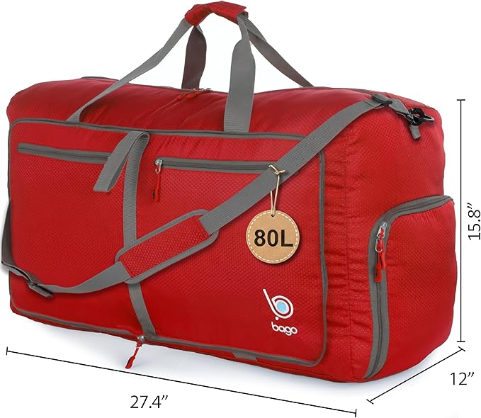 Bago Large Foldable Duffel Bags for Traveling Women & Men - 80L Packable Duffle Bag for Travel with Shoe Compartment - Water Repellant, Heavy Duty, Lightweight Folding & Collapsible (Red)