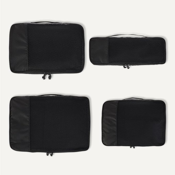Amazon Essentials 4-Piece Packing Cubes Travel Accessories Set, Luggage Organizer with Double Zipper, Mesh Top, 100% Polyester, Small/Medium/Large/Slim, Black (Previously Amazon Basics)