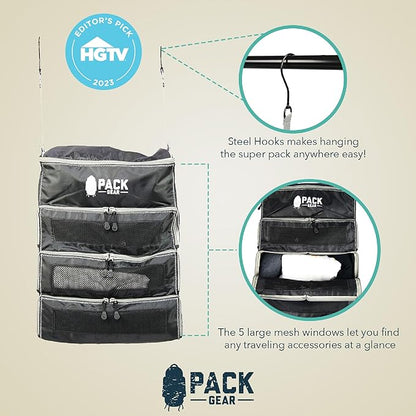 Pack Gear Hanging Carry-On Organizer - Our Fitted Hanging Luggage Organizer Perfectly Fits Any Carry On - Our Packing Cubes For Travel Use Mesh Windows to Make Finding Clothes Easy (Black, M)