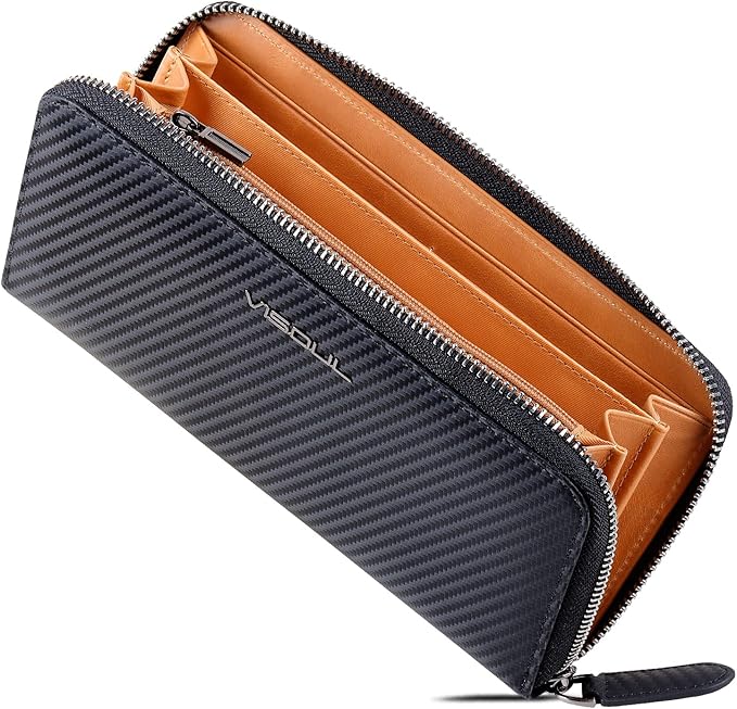 VISOUL Leather Long Zippered Pouch Wallet for Men with RFID Blocking Two-tone, Large Carbon Fiber Leather Clutch Cash Long Wallet with Zipper (Black+Tan)