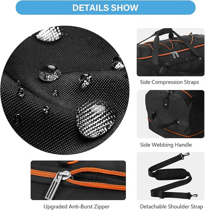 Vomgomfom Wheeled Collapsible Duffel Bag,110L-140L Expandable Checked Luggage, No-Telescopic-Handle with Anti-Burst Zipper & Reinforced Frame,Black-orange