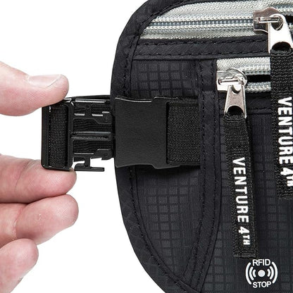 VENTURE 4TH Slim Minimalist Design RFID Money Belt with RFID Blocking Sleeves, for Men and Women – Ideal for Keeping Your Cash, Credit Card, Passport, Phone Secure When Traveling - Black
