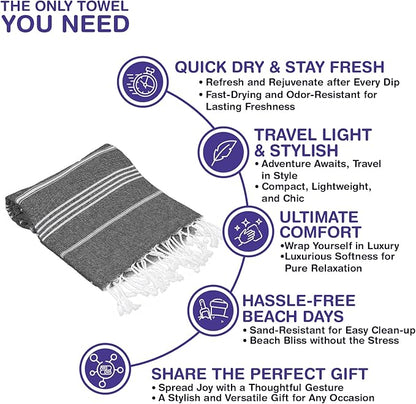 Turkish Beach Towels, Bulk Case of 12 | Oversized, Quick Dry, Sand Free | 100% Cotton, Large 38x71 Towels for Beach, Pool, Travel | Ultra-Soft, Compact, Absorbent | Black