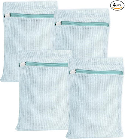 4 Piece Blue Small, Durable Organic Cotton Mesh Laundry Bag with Strong Zipper and Breathable Mesh, Delicate Laundry Bag for Underwear, Clothes, Pants and Socks