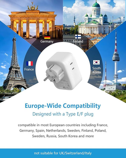 2 Pack European Travel Plug Adapter, Type E/F Plug Adapter with 30W GaN Fast Charger, 3 AC Outlets, 2 USB-C & 1 USB-A Ports, Power Adapter for France, Germany, Spain, South Korea & More