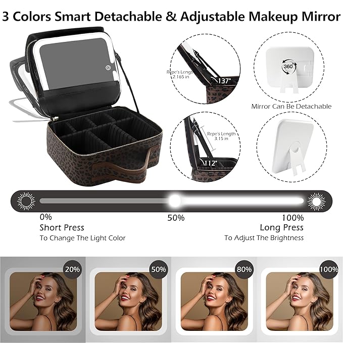 MOMIRA Makeup Train Case Makeup Bag with Light up Mirror Cosmetic Bag Organizer Detachable Portable Travel Makeup Case with Adjustable Dividers Makeup Brushes Storage, Waterproof,Leopard-Dark brown
