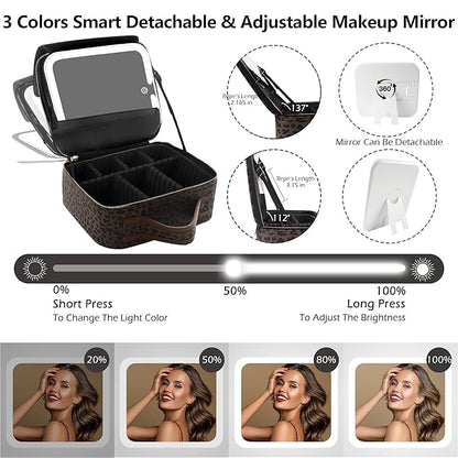 MOMIRA Makeup Train Case Makeup Bag with Light up Mirror Cosmetic Bag Organizer Detachable Portable Travel Makeup Case with Adjustable Dividers Makeup Brushes Storage, Waterproof,Leopard-Dark brown