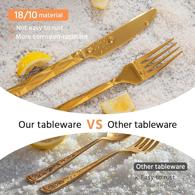 KINGSTONE Gold Silverware Set, Luxury 20 Piece Flatware Set for 4, 18/10 Stainless Steel Cutlery Set with Diamond Cut Pattern for Kitchen, Home, Wedding, Party, Mirror Polished and Dishwasher Safe