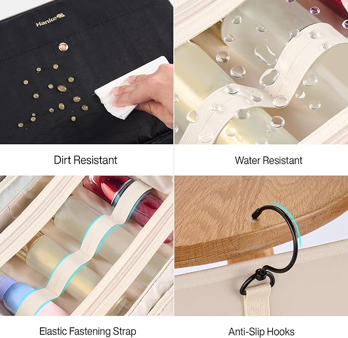 Hanke Hanging Travel Toiletry Bag for Women with Jewelry Organizer Compartment, Travel Essentials Toiletries and Makeup Bag, Water-Resistant & Stain-Resistant with Trolley Strap (Black)