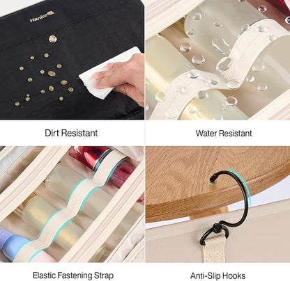 Hanke Hanging Travel Toiletry Bag for Women with Jewelry Organizer Compartment, Travel Essentials Toiletries and Makeup Bag, Water-Resistant & Stain-Resistant with Trolley Strap (Black)