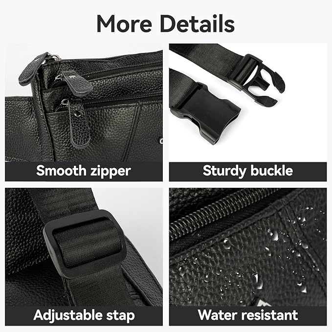 Leather Fanny Pack for Men Women,Genuine Leather Waist Belt Bag with Adjustable Strap Belt Hip Bag with Multi-Pockets for Travel Sports Running Cycling Hiking(Black)