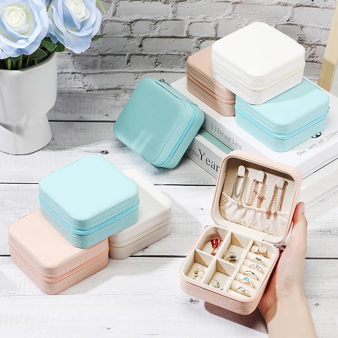 Batiyeer 50 Pcs Small Jewelry Travel Case Bulk Mini Jewelry Box Wedding Bridesmaid Proposal Return Gift for Pooja(White Pink Blue)