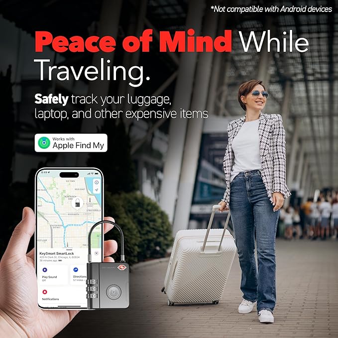 KeySmart SmartLock Tracking Luggage Locks, TSA Locks for Luggage, GPS Tracker, Combination Lock Compatible with Apple Find My App, Best Travel Essentials, Replaceable Non-Rechargeable Battery (3 Pack)